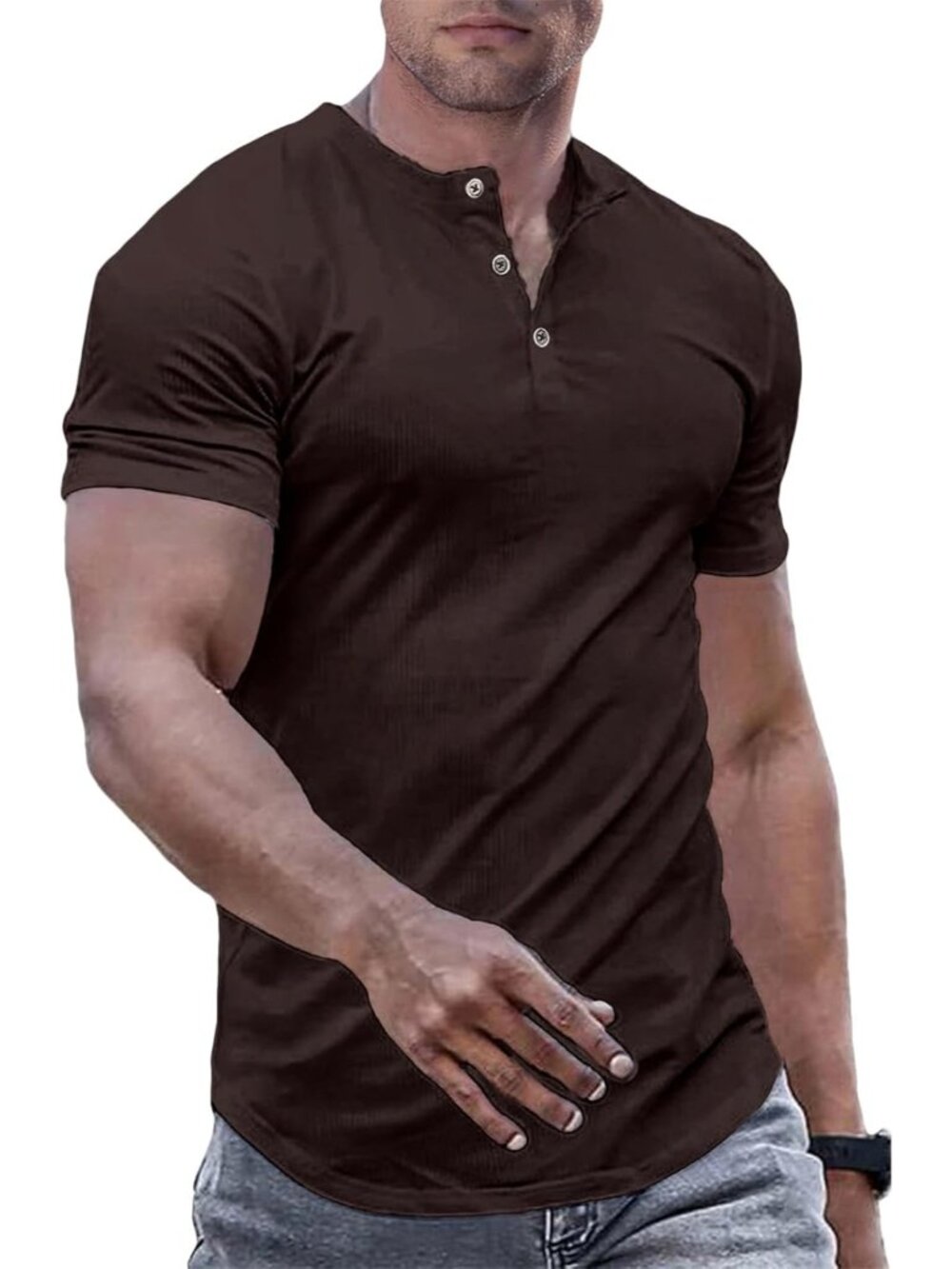 Men's Chicory Coffee Muscle Slim Henley Crewneck Longline Athletic Tees Shirts